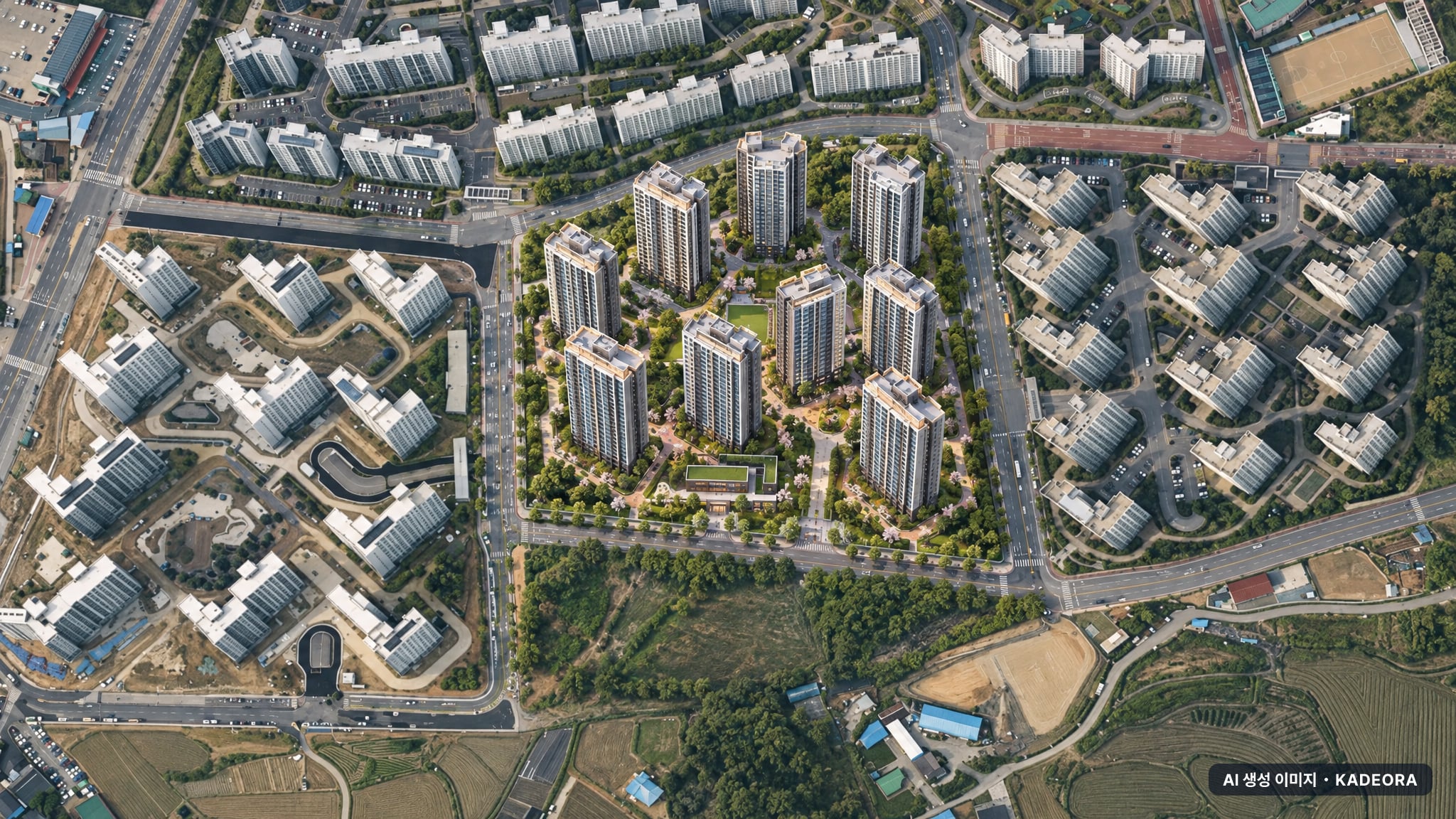 두산위브더제니스 센트럴 천안 단지 전경 AI 상상도(주간 항공) — 충남 천안시 착공 1,202세대