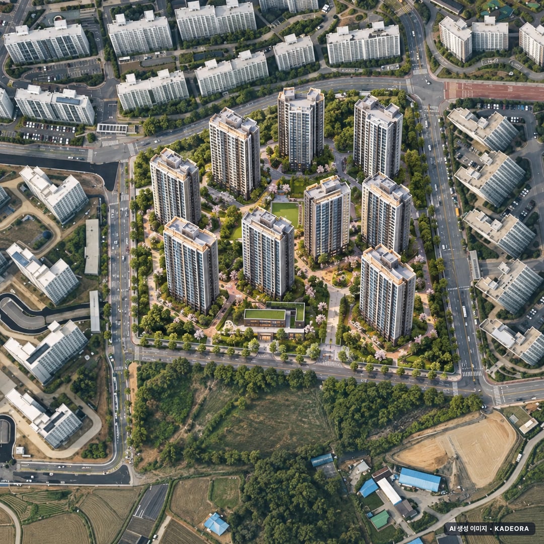 두산위브더제니스 센트럴 천안 단지 전경 AI 상상도(주간 항공) — 충남 천안시 착공 1,202세대