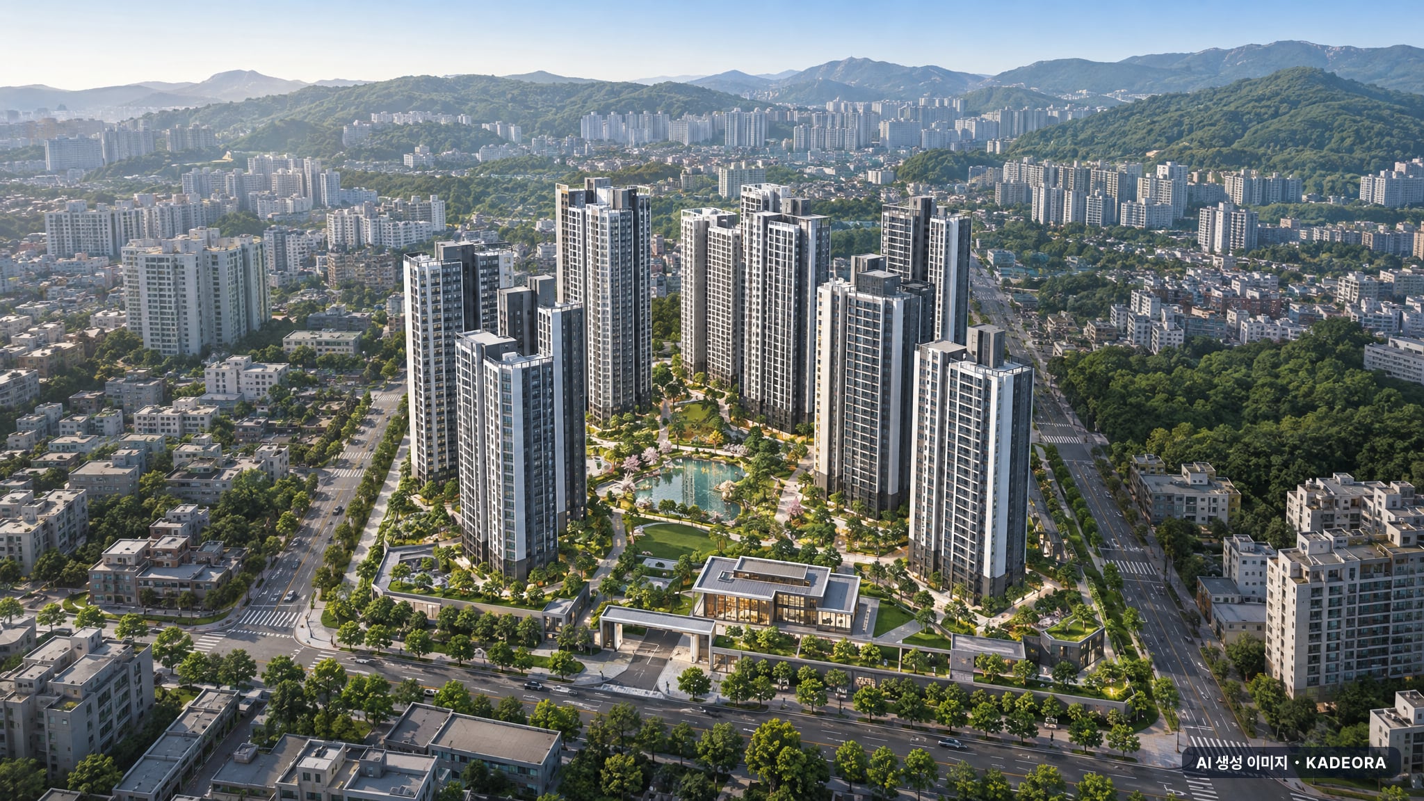 부산 남구 문현7 재개발 단지 전경 AI 상상도(주간 항공) — 부산 남구 부지계획 1,057세대