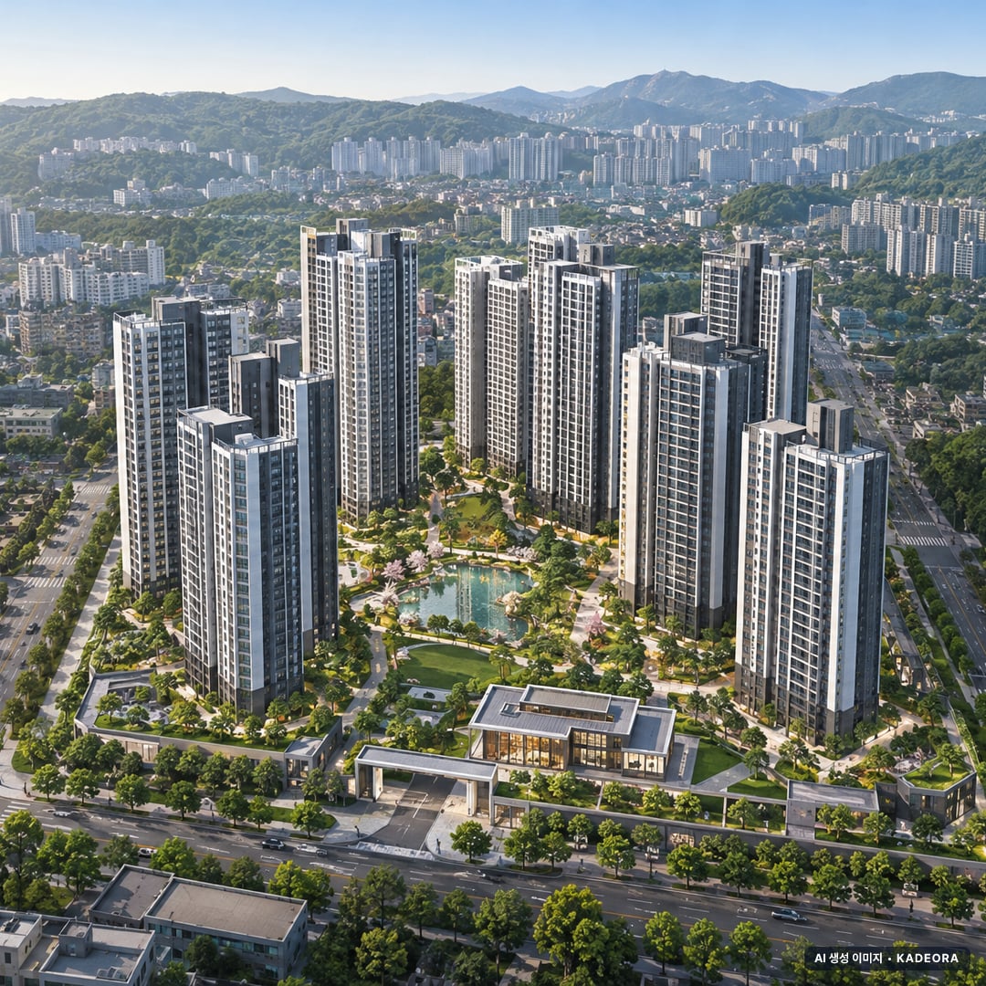 부산 남구 문현7 재개발 조감도 AI 상상도(주간 항공) — 부산 남구 부지계획 1,057세대