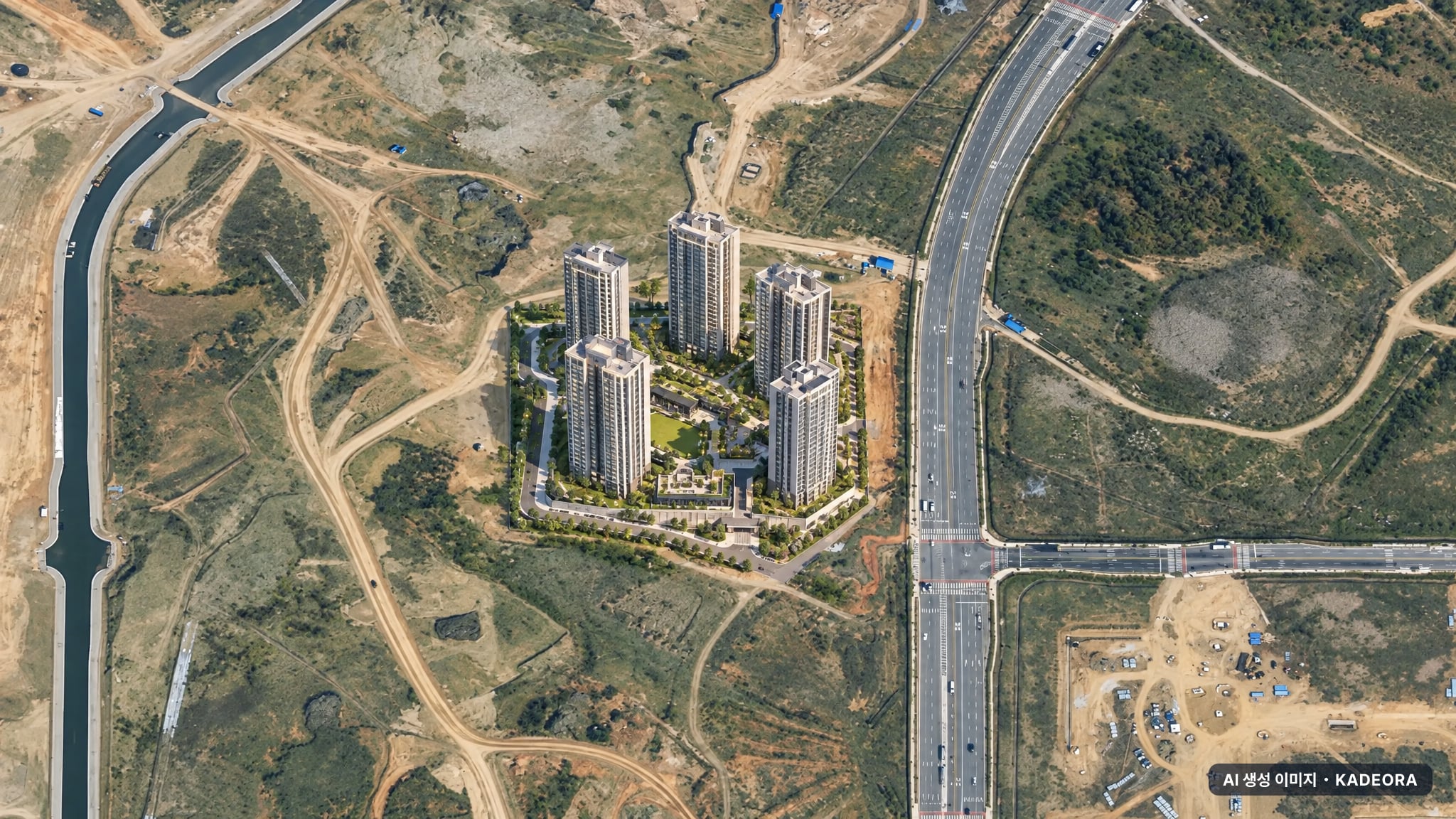 고덕국제신도시 수자인하우스디 단지 전경 AI 상상도(주간 항공) — 경기 평택시 착공 403세대