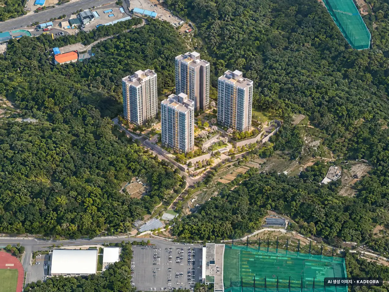 힐스테이트 죽림더프라우드 A2BL(공공분양주택) 이번 802세대 공급 기준 AI 상상도(주간 항공) — 실제와 다를 수 있음