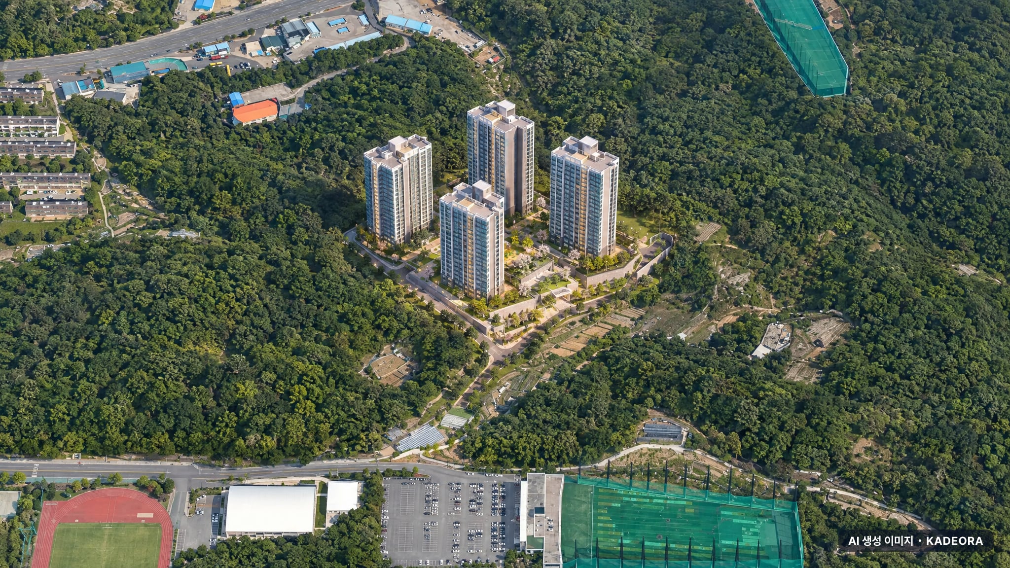 힐스테이트 죽림더프라우드 A2BL(공공분양주택) 주간 항공 상상도 · AI 생성 이미지로 실제와 다를 수 있음 힐스테이트 죽림더프라우드 A2BL(공공분양주택) 단지 전경 AI 상상도(주간 항공) — 전남 여수시 착공 802세대