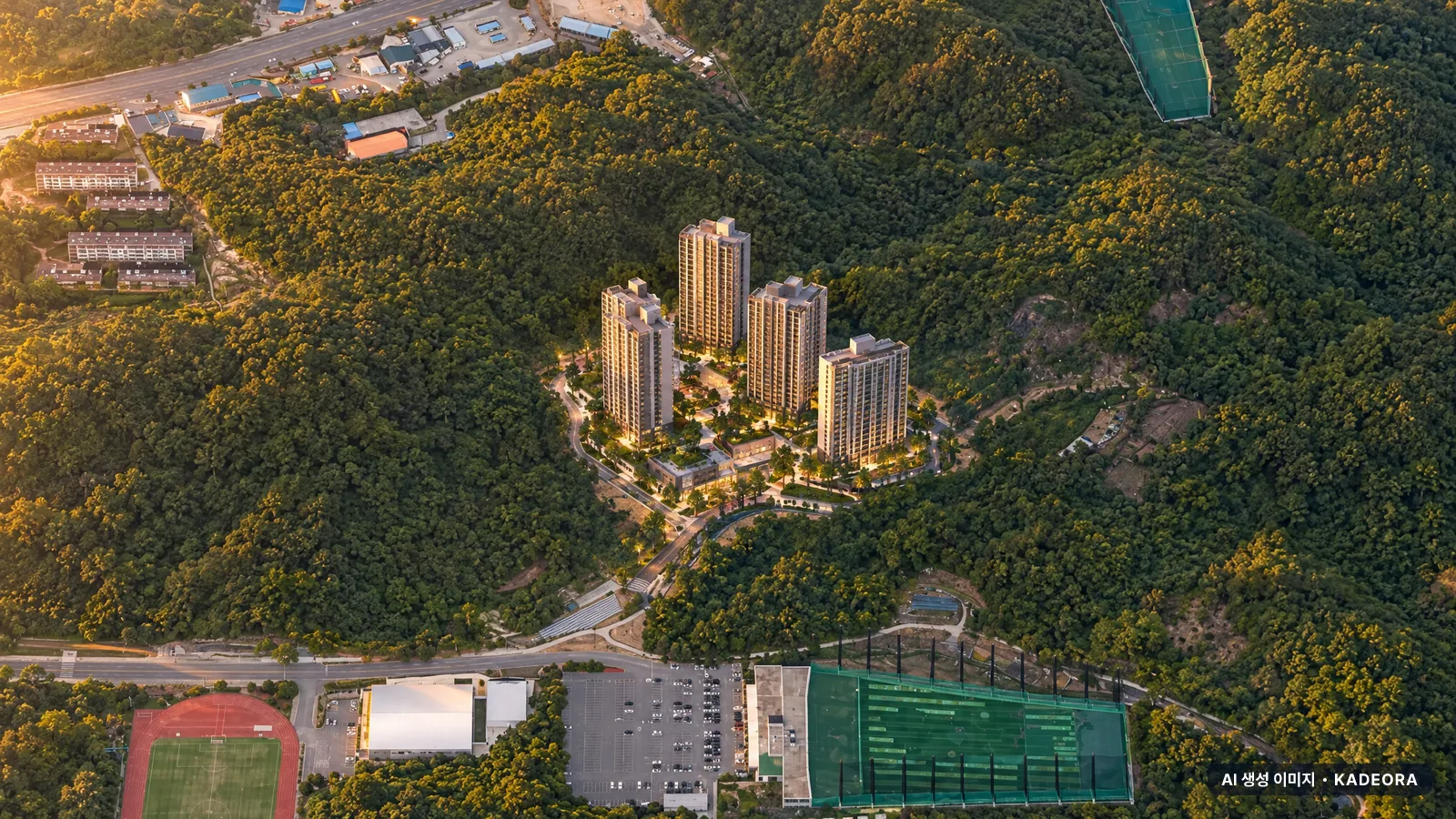 힐스테이트 죽림더프라우드 A2BL(공공분양주택) 이번 802세대 공급 기준 AI 상상도(노을 항공) — 실제와 다를 수 있음