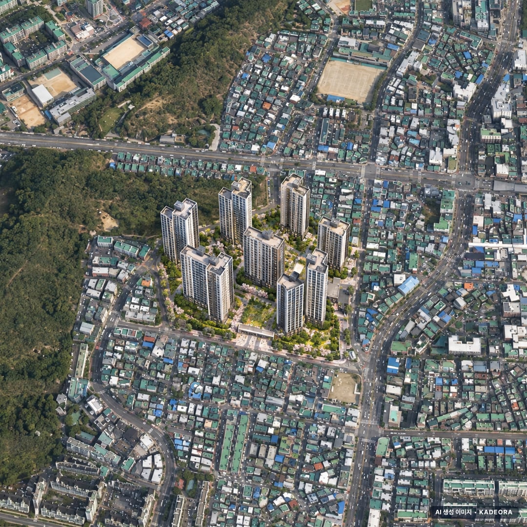 군포2구역 조감도 AI 상상도(주간 항공) — 경기 군포시 부지계획 1,837세대
