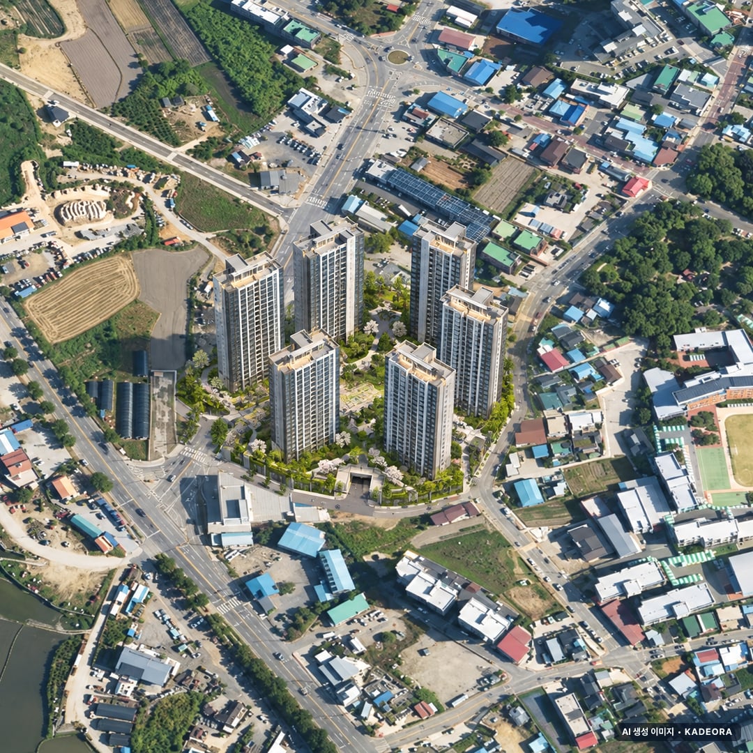 해남 남외리 정하 에코프라임 단지 전경 AI 상상도(주간 항공) — 전남 해남군 착공 305세대