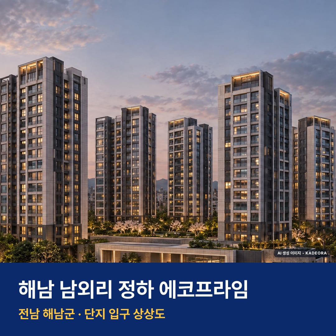 해남 남외리 정하 에코프라임 재개발 해남 남외리 정하 에코프라임 단지 전경 AI 상상도 — 해남군 해남읍 305세대 — AI 생성 상상도 · 실제와 다를 수 있음