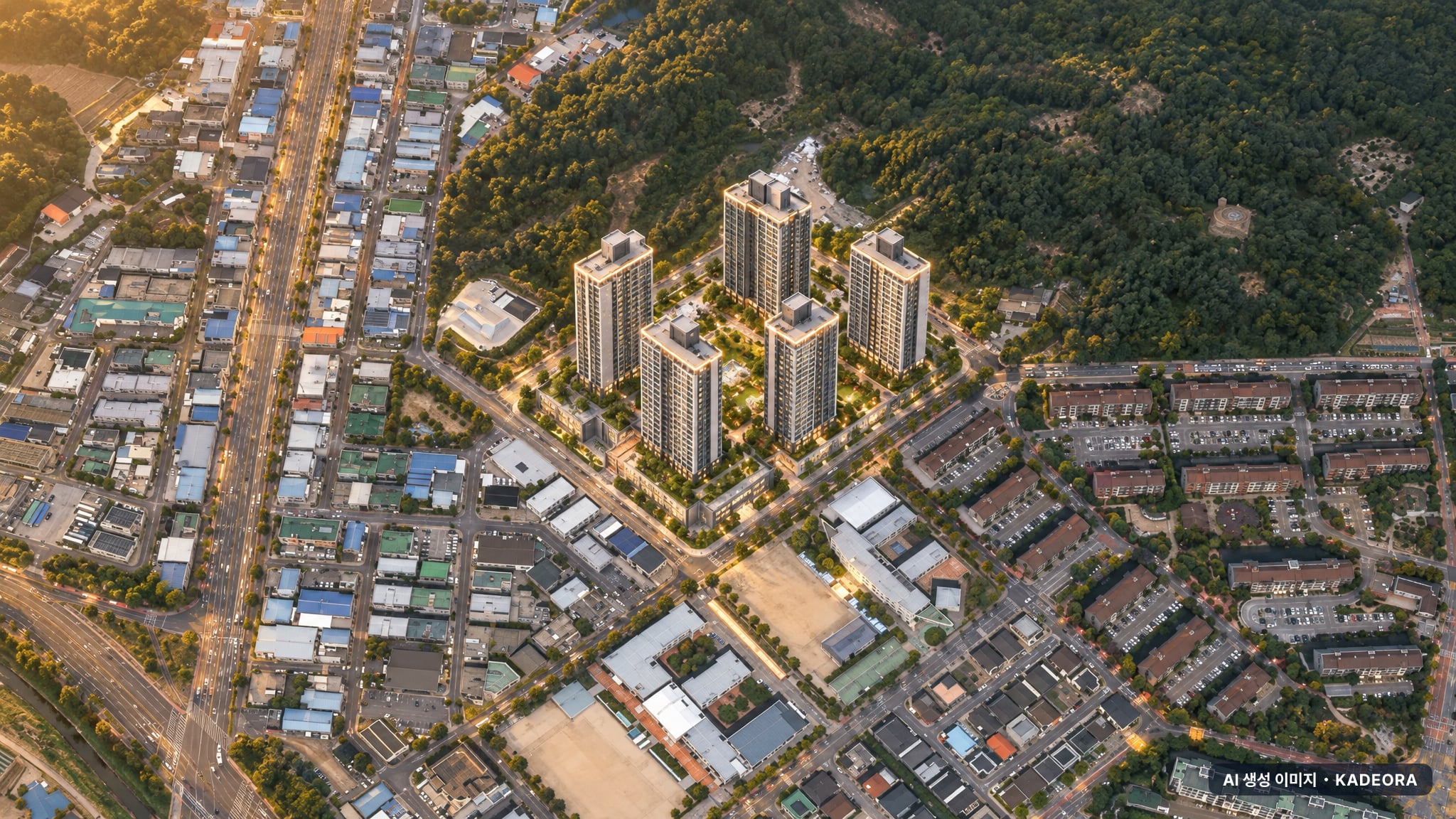 힐스테이트 구미더퍼스트 단지 전경 AI 상상도(노을 항공) — 경북 구미시 착공 491세대