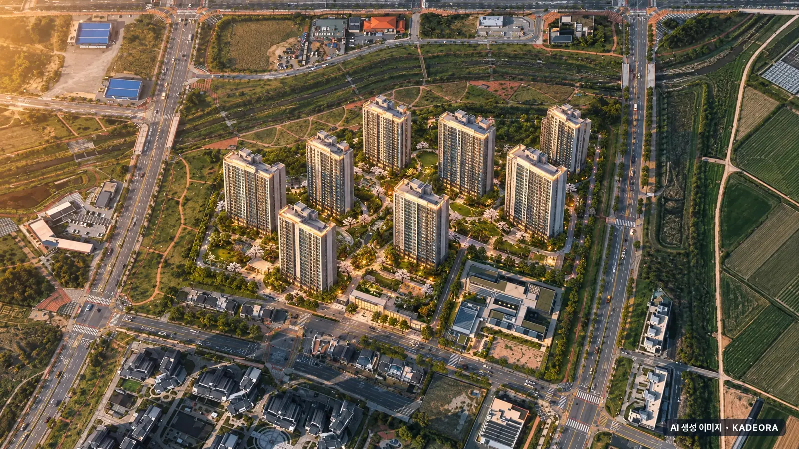 e편한세상 내포 에듀플라츠(민영주택) 9개동·최고 25층·총 727세대(이번 122세대 공급) 기준 AI 상상도(노을 항공) — 실제와 다를 수 있음