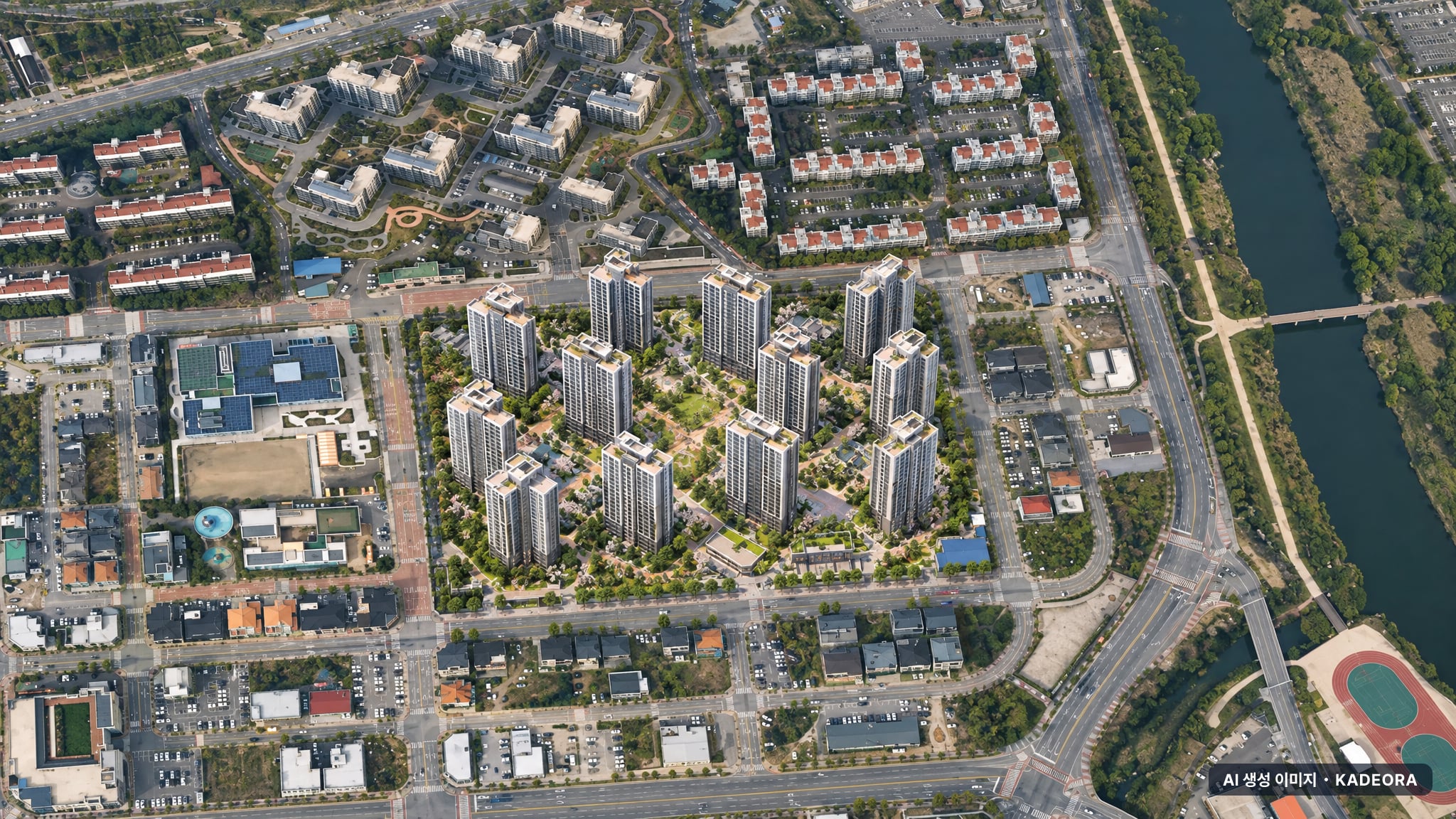 배방 필하우스 리버시티 단지 전경 AI 상상도(주간 항공) — 충남 아산시 착공 1,083세대