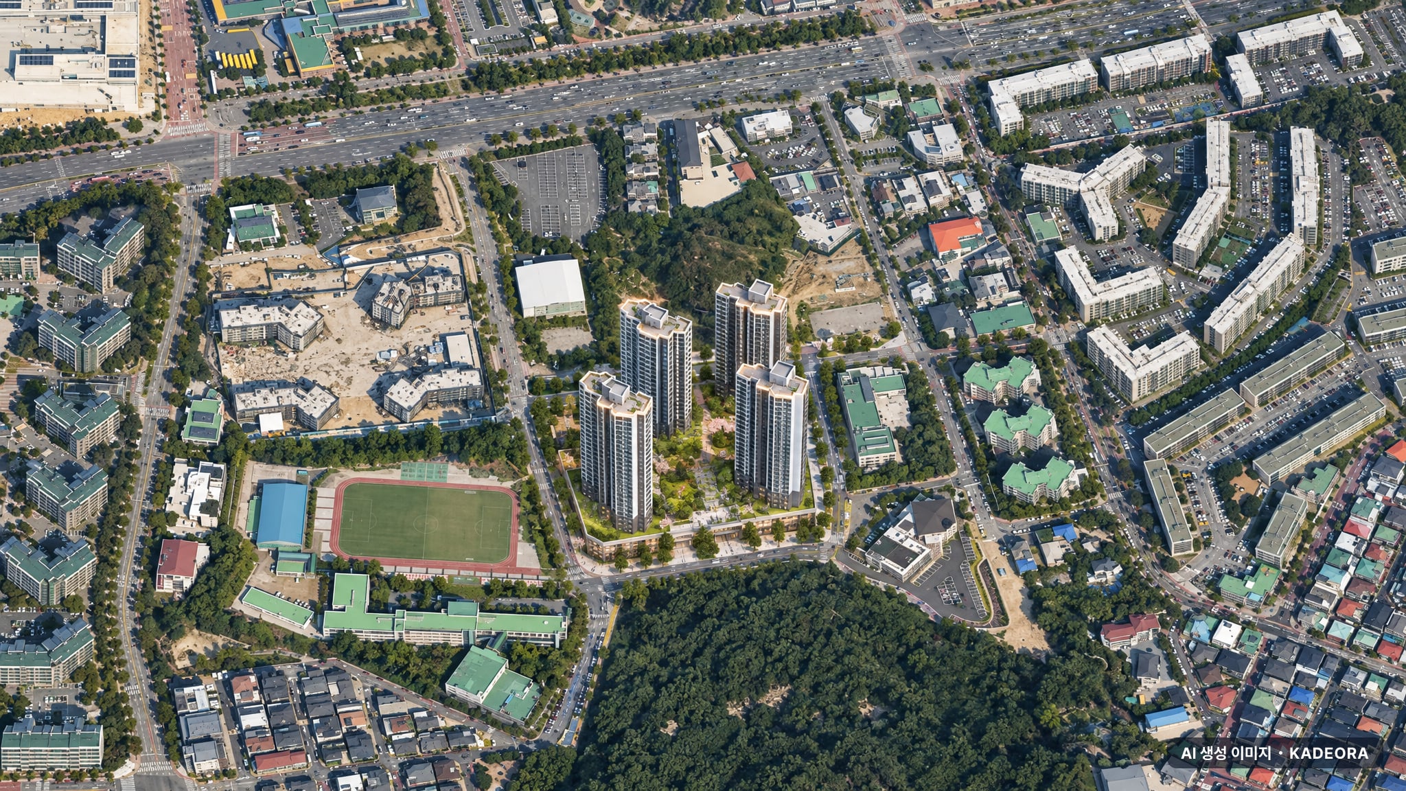 관저 푸르지오 센트럴파크 2단지 단지 전경 AI 상상도(주간 항공) — 대전 서구 착공 264세대