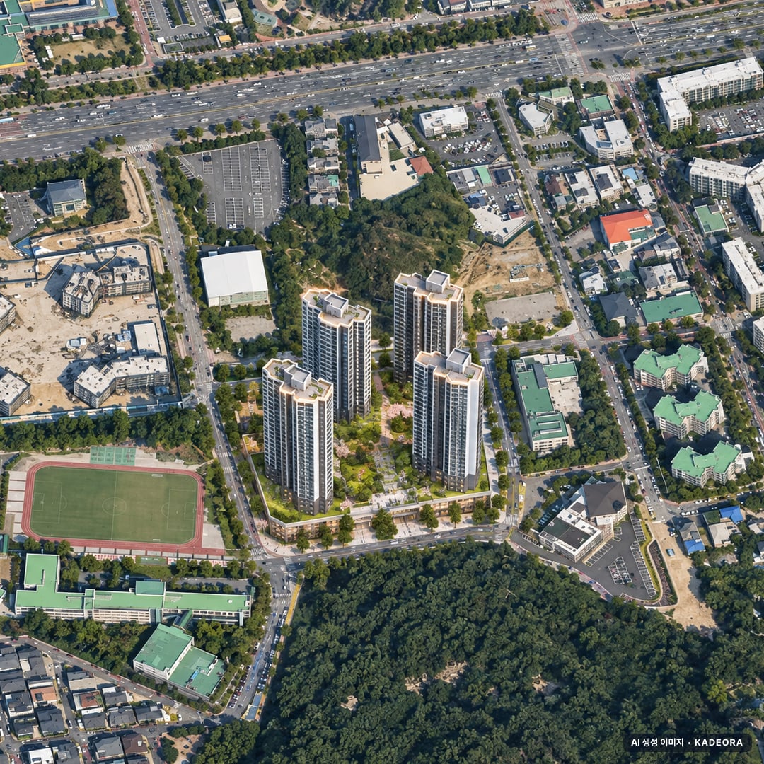 관저 푸르지오 센트럴파크 2단지 단지 전경 AI 상상도(주간 항공) — 대전 서구 착공 264세대