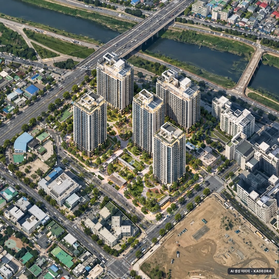 힐스테이트 선화 더와이즈 단지 전경 AI 상상도(주간 항공) — 대전 중구 착공 851세대