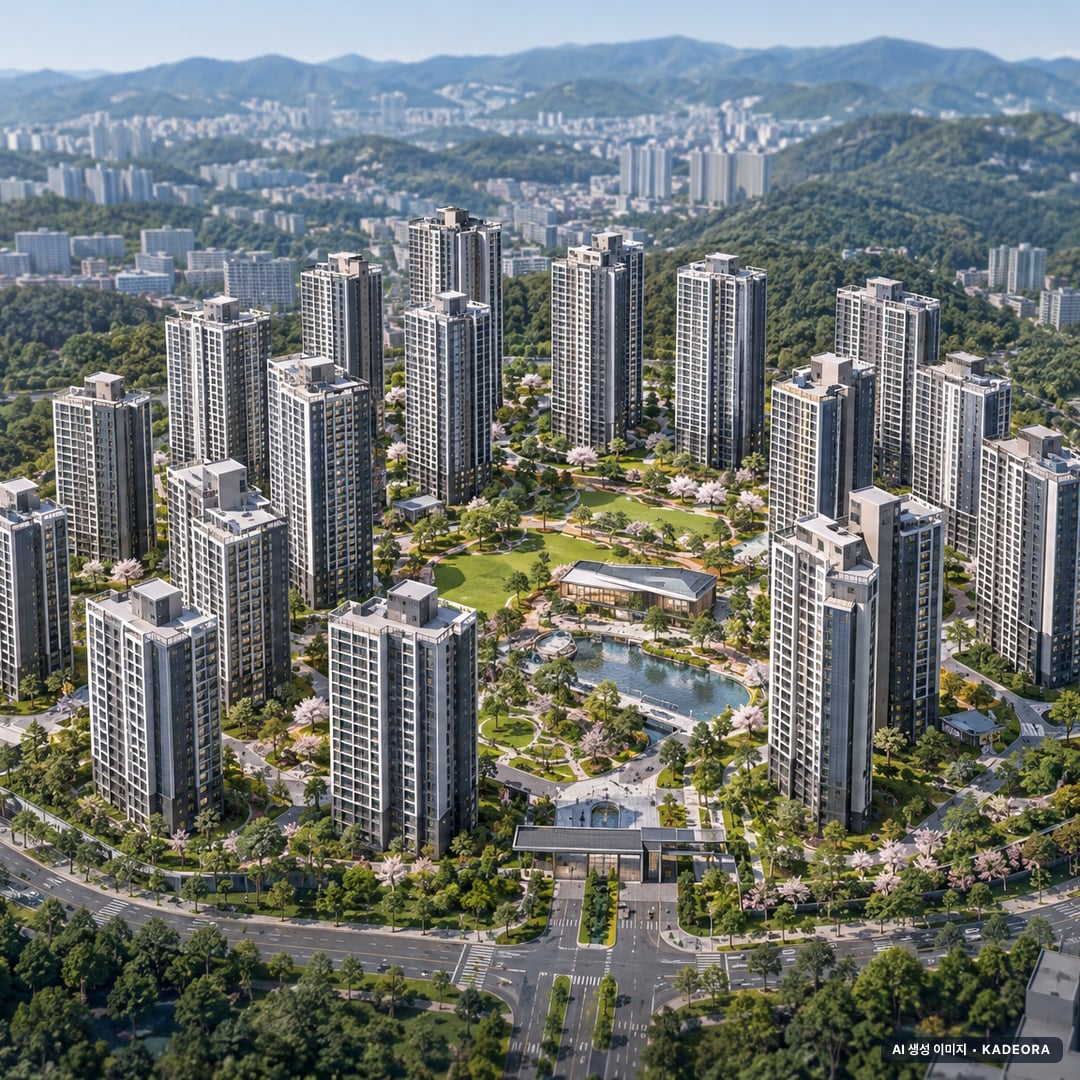 북수원이목지구 대방 디에트르 더 리체Ⅱ(A3BL) 주간 항공 상상도 · AI 생성 이미지로 실제와 다를 수 있음 북수원이목지구 대방 디에트르 더 리체Ⅱ(A3BL) 단지 전경 AI 상상도(주간 항공) — 경기 수원시 착공 1,744세대