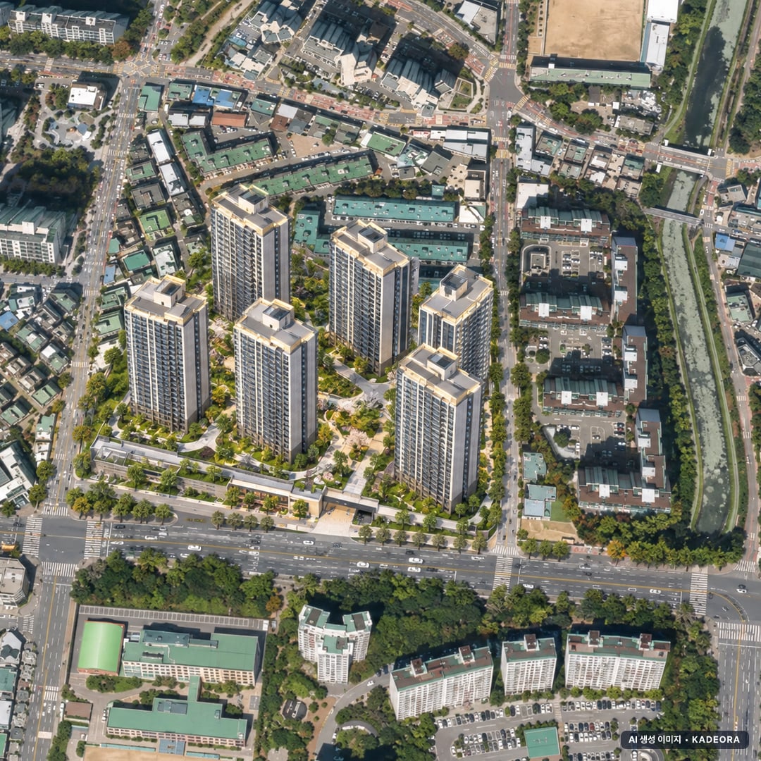 두산위브 더센트럴 부평 단지 전경 AI 상상도(주간 항공) — 인천 부평구 착공 141세대