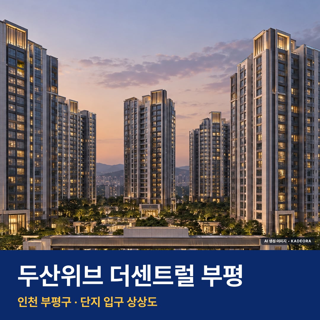 두산위브 더센트럴 부평 재개발 두산위브 더센트럴 부평 단지 전경 AI 상상도 — 부평구 삼산동 141세대 — AI 생성 상상도 · 실제와 다를 수 있음