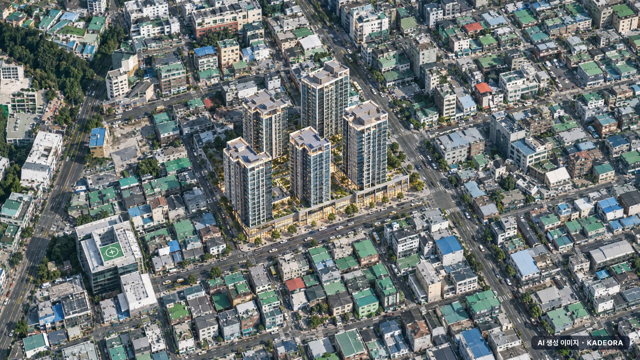 신정동 563-1 일원 주상복합 단지 전경 AI 상상도(주간 항공) — 남구 475세대
