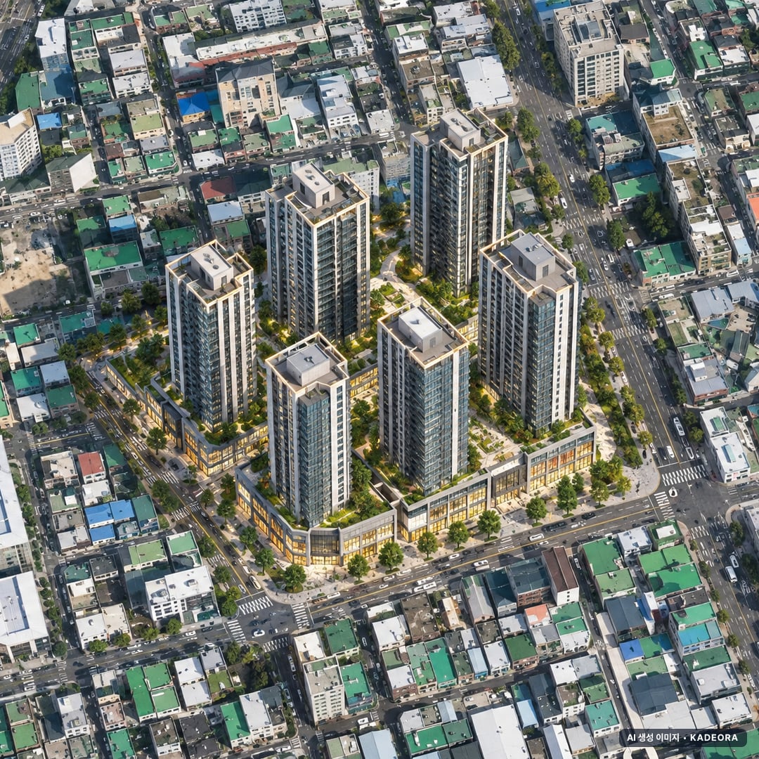 신정동 563-1 일원 주상복합 조감도 AI 상상도(주간 항공) — 울산 남구 분양 예고 475세대