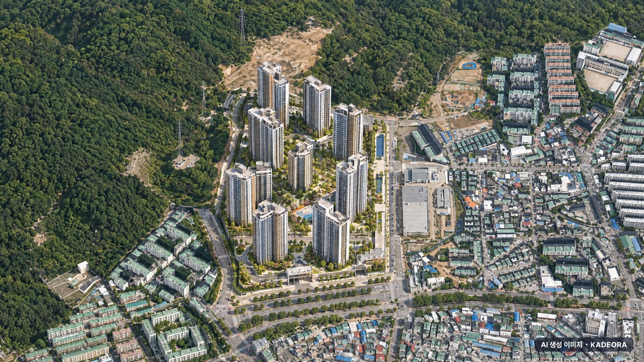 계양 롯데캐슬 파크시티 1단지 주간 항공 상상도 · AI 생성 이미지로 실제와 다를 수 있음 계양 롯데캐슬 파크시티 1단지 단지 전경 AI 상상도(주간 항공) — 인천 계양구 착공 1,964세대