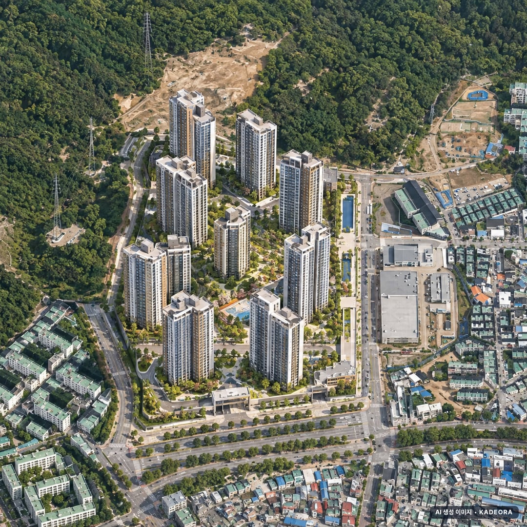 계양 롯데캐슬 파크시티 1단지 단지 전경 AI 상상도(주간 항공) — 인천 계양구 착공 1,964세대