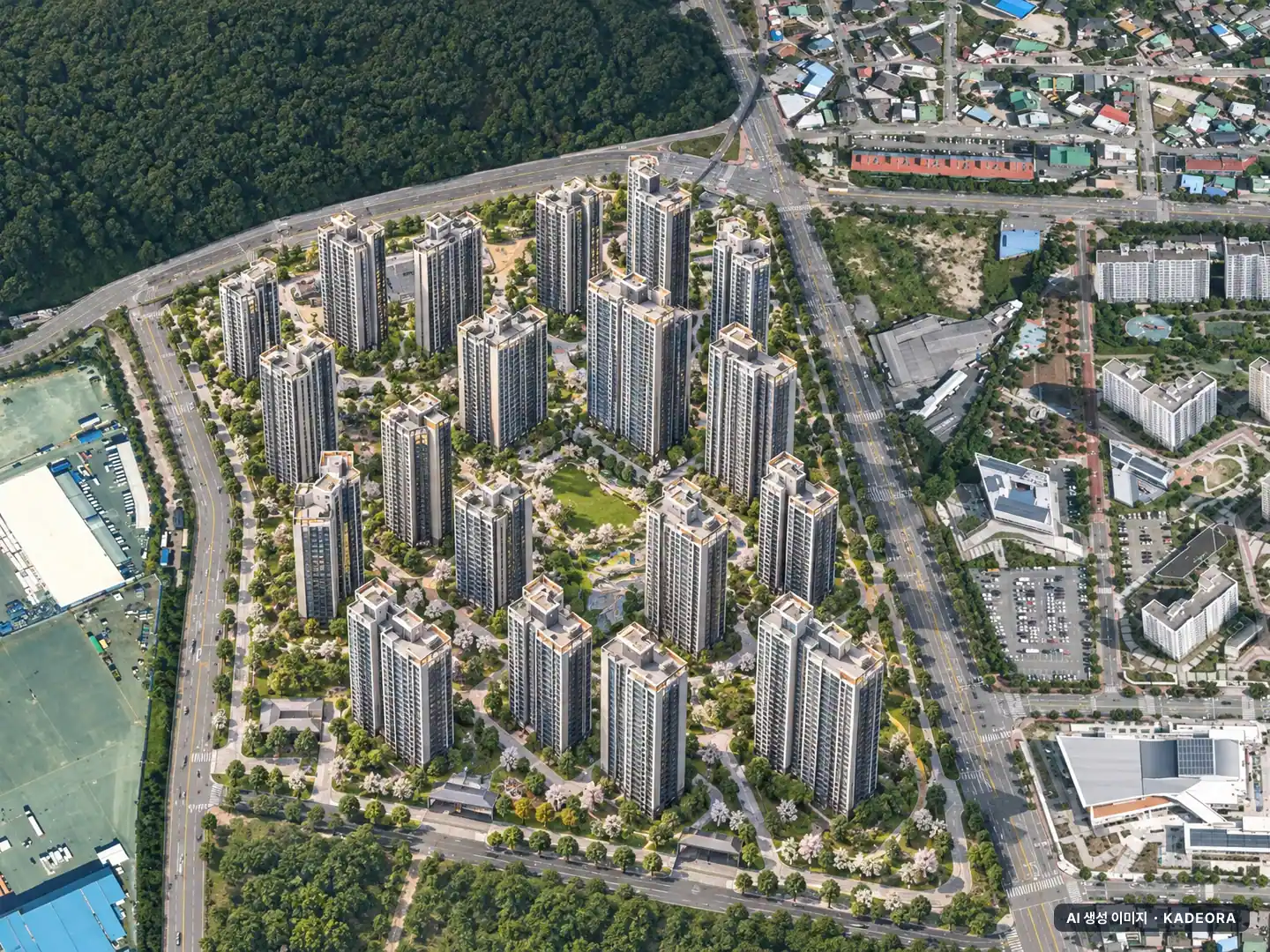 창원 풍호장천지구 1BL 공동주택 24개동·총 978세대 기준 AI 상상도 — 실제와 다를 수 있음 창원 풍호장천지구 1BL 공동주택 24개동·총 978세대 기준 AI 상상도(주간 항공) — 실제와 다를 수 있음