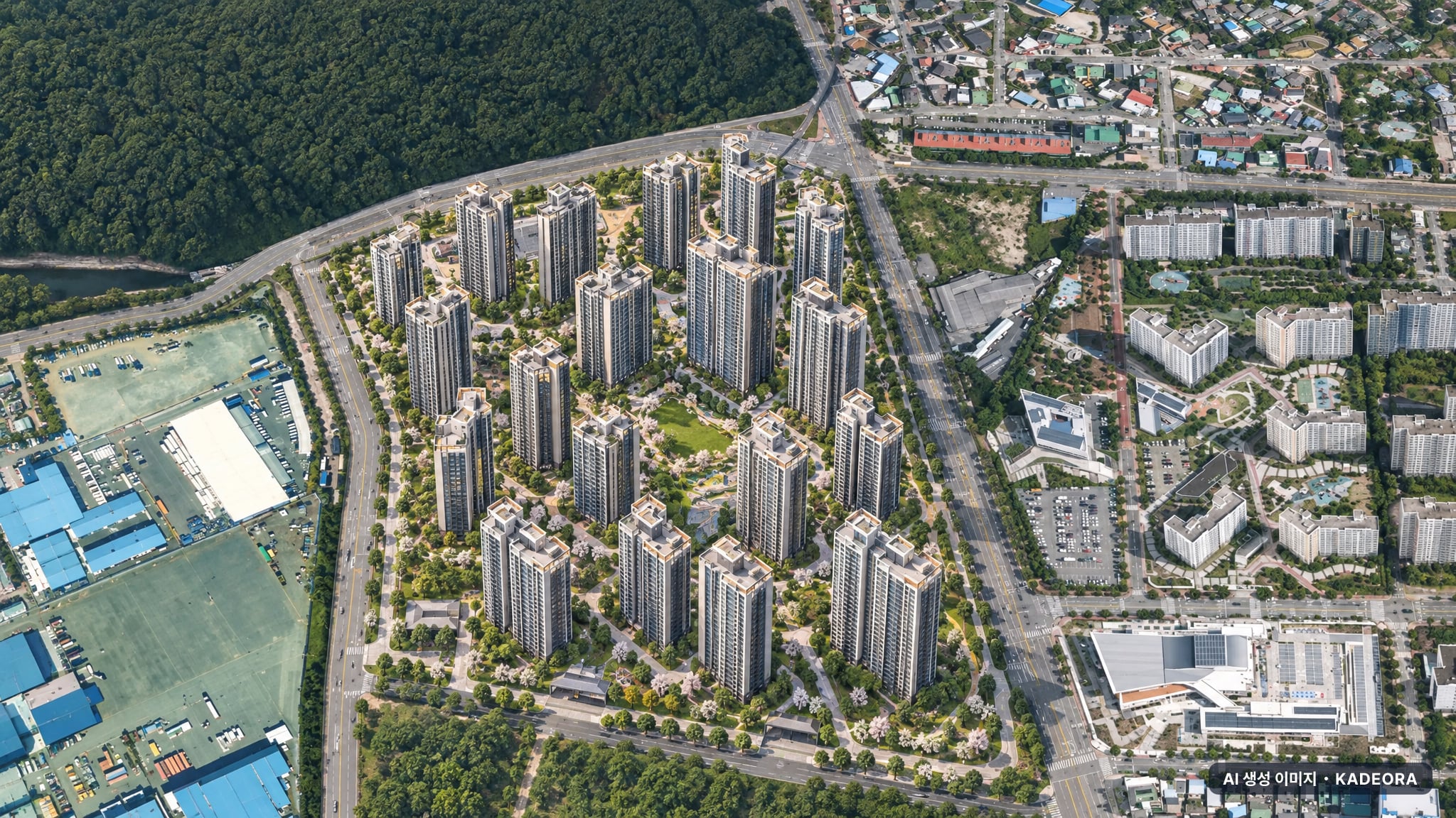 창원 풍호장천지구 1BL 공동주택 단지 전경 AI 상상도(주간 항공) — 경남 창원시 분양 예고 978세대