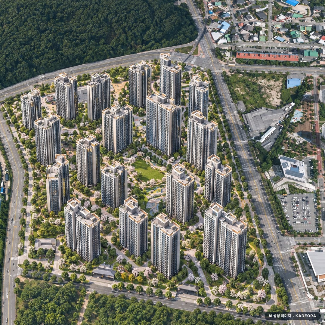 창원 풍호장천지구 1BL 공동주택 조감도 AI 상상도(주간 항공) — 경남 창원시 분양 예고 978세대