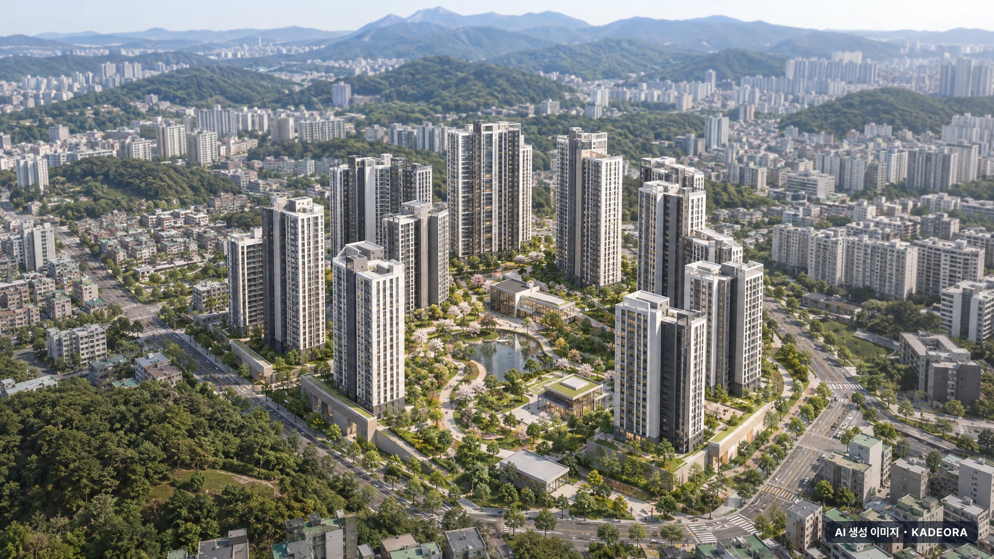 부민2 재개발 주간 항공 상상도 · AI 생성 이미지로 실제와 다를 수 있음 부민2 재개발 조감도 AI 상상도(주간 항공) — 부산 서구 조합설립 1,042세대