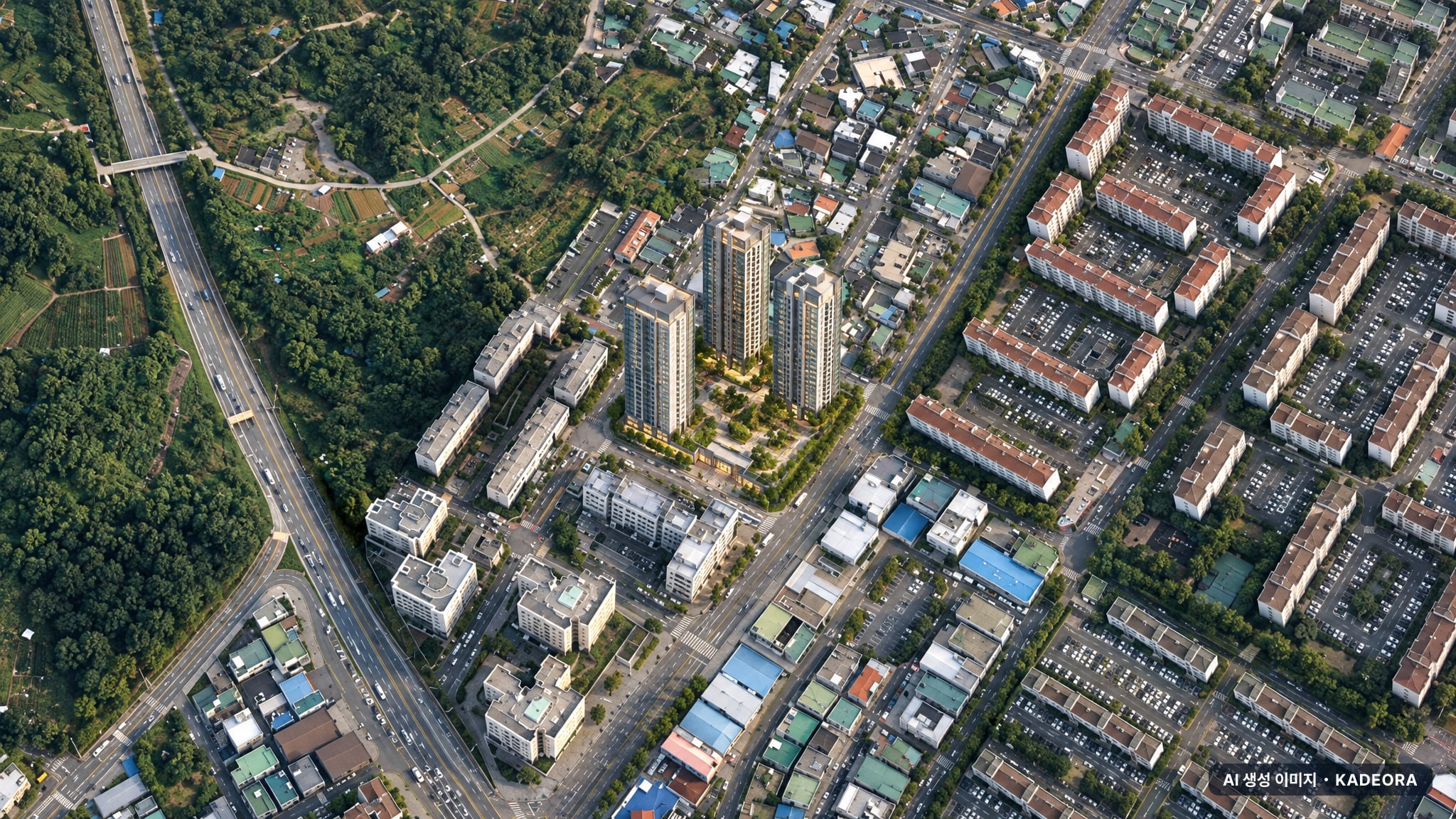 힐스테이트 평거 센트럴 단지 전경 AI 상상도(주간 항공) — 경남 진주시 착공 261세대