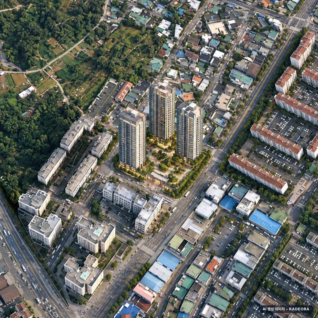 힐스테이트 평거 센트럴 단지 전경 AI 상상도(주간 항공) — 경남 진주시 착공 261세대