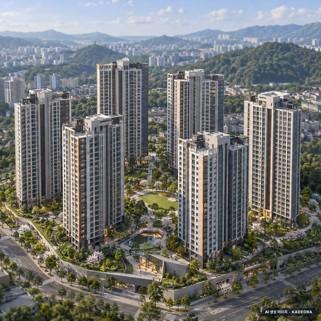 향남역 그로브 스위첸 7개동·최고 29층·총 933세대 기준 AI 상상도(주간 항공) — 실제와 다를 수 있음
