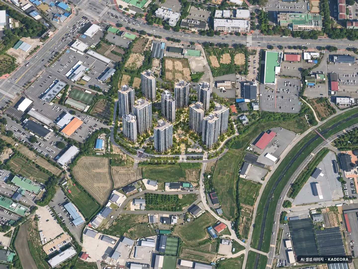 청주 푸르지오 씨엘리체 10개동·최고 29층·총 1,351세대 기준 AI 상상도(주간 항공) — 실제와 다를 수 있음