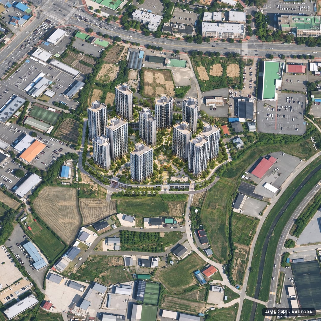 청주 푸르지오 씨엘리체 단지 전경 AI 상상도(주간 항공) — 충북 청주시 착공 1,351세대