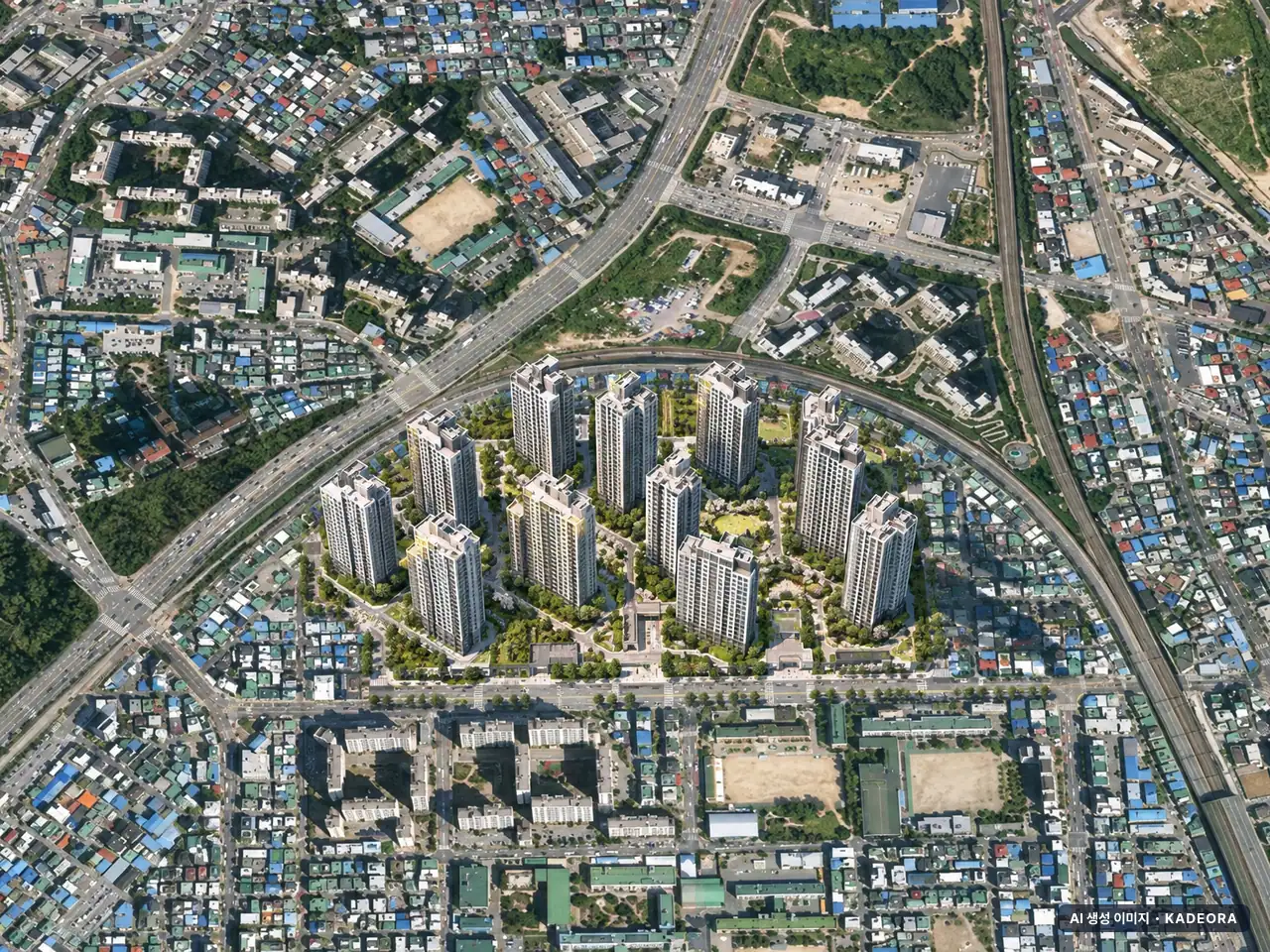 의정부시 가능중앙구역 총 1,589세대 기준 AI 상상도 — 실제와 다를 수 있음 의정부시 가능중앙구역 총 1,589세대 기준 AI 상상도(주간 항공) — 실제와 다를 수 있음