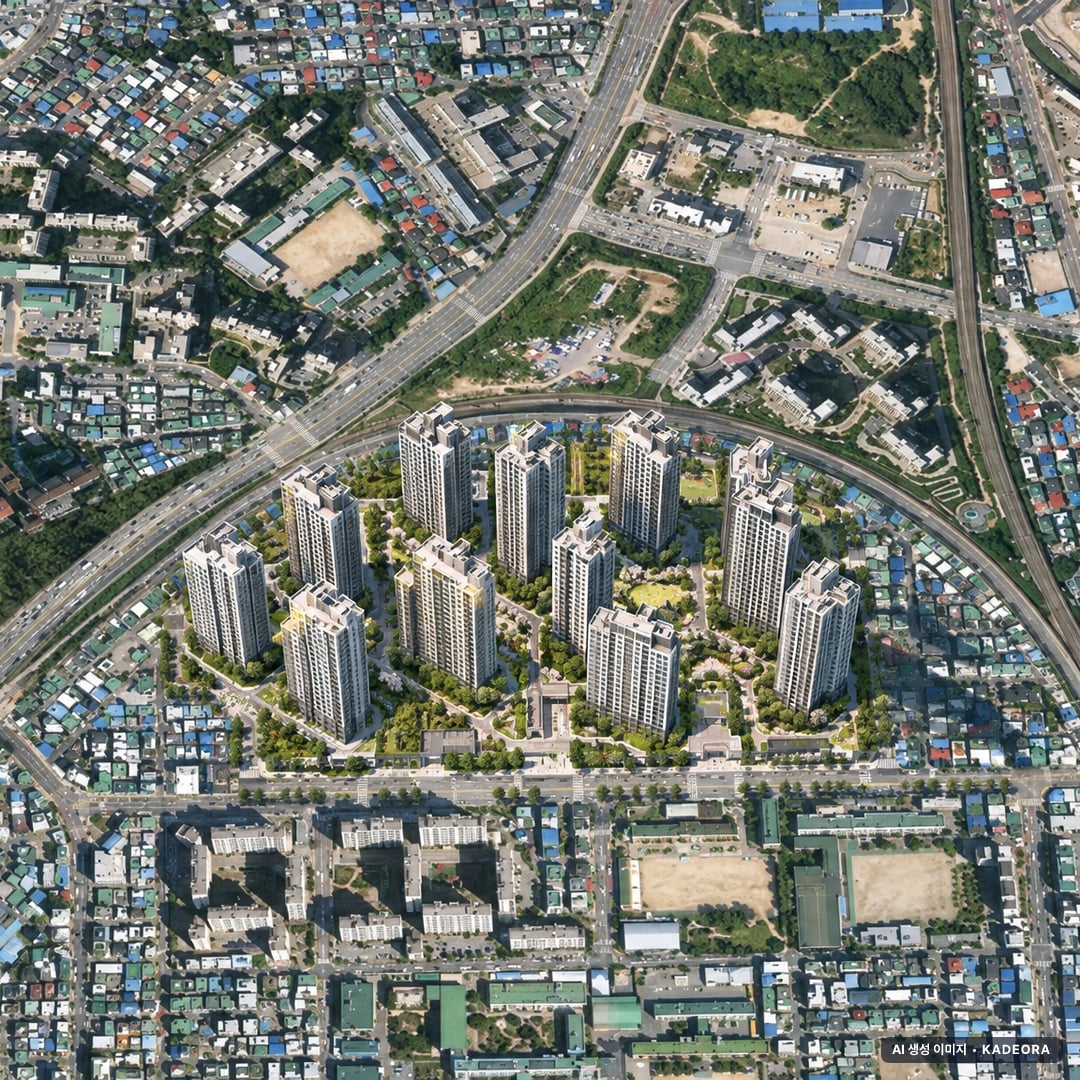 의정부시 가능중앙구역 조감도 AI 상상도(주간 항공) — 경기 의정부시 부지계획 1,589세대