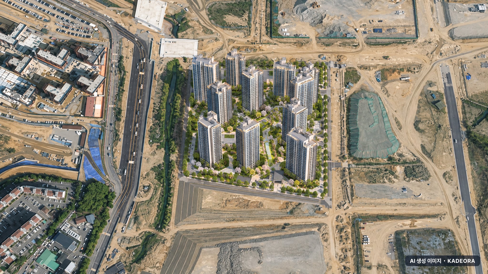 더샵 검단레이크파크(AB22BL) 단지 전경 AI 상상도(주간 항공) — 인천 검단구 착공 1,454세대