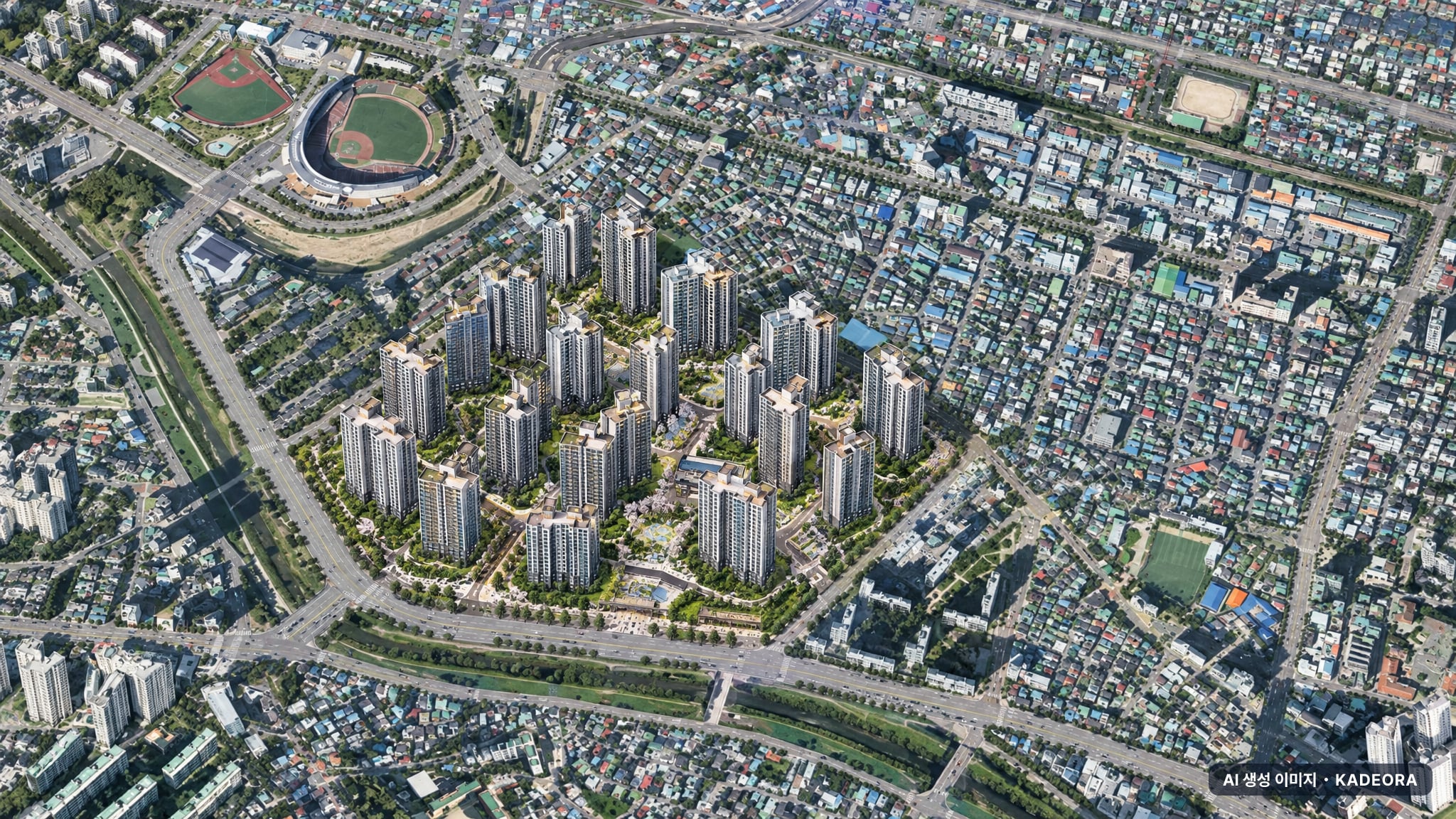 올 뉴 챔피언스시티 1차 단지 전경 AI 상상도(주간 항공) — 광주 북구 당첨자 발표 3,216세대