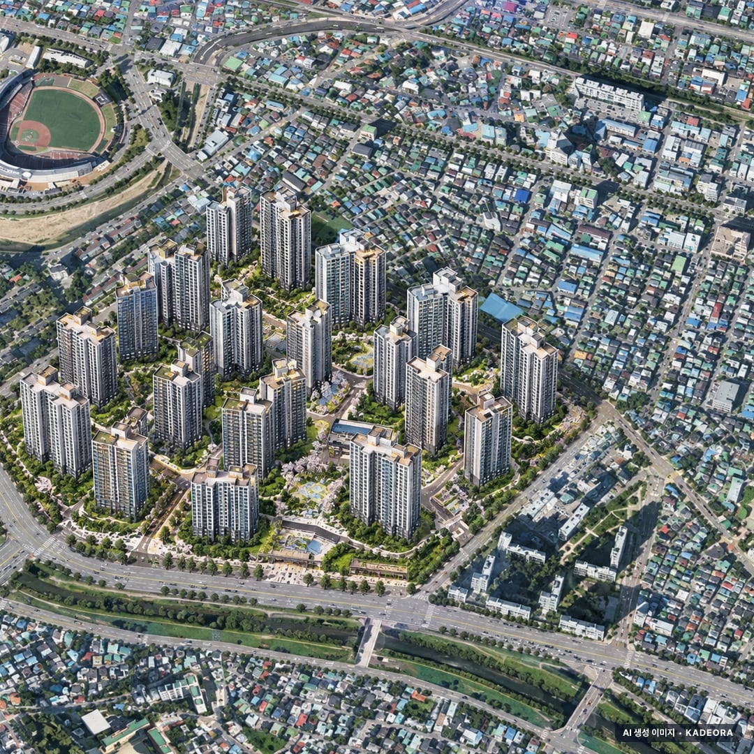 올 뉴 챔피언스시티 1차 단지 전경 AI 상상도(주간 항공) — 광주 북구 당첨자 발표 3,216세대