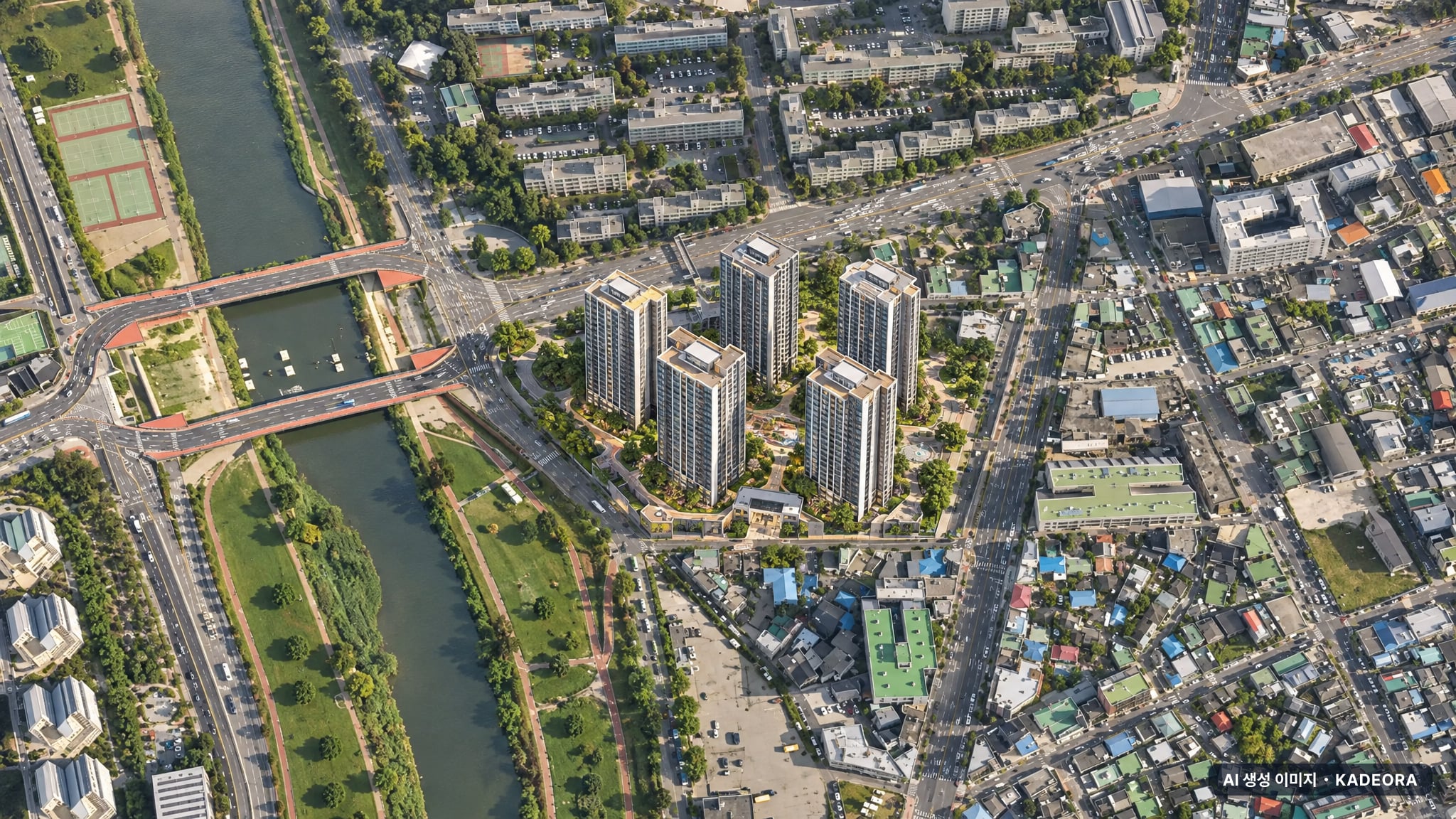대전 유천1구역 지역주택조합 조감도 AI 상상도(주간 항공) — 대전 중구 분양 예고 930세대