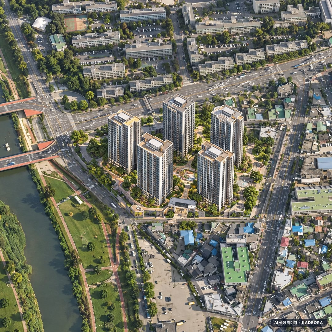 대전 유천1구역 지역주택조합 조감도 AI 상상도(주간 항공) — 대전 중구 분양 예고 930세대