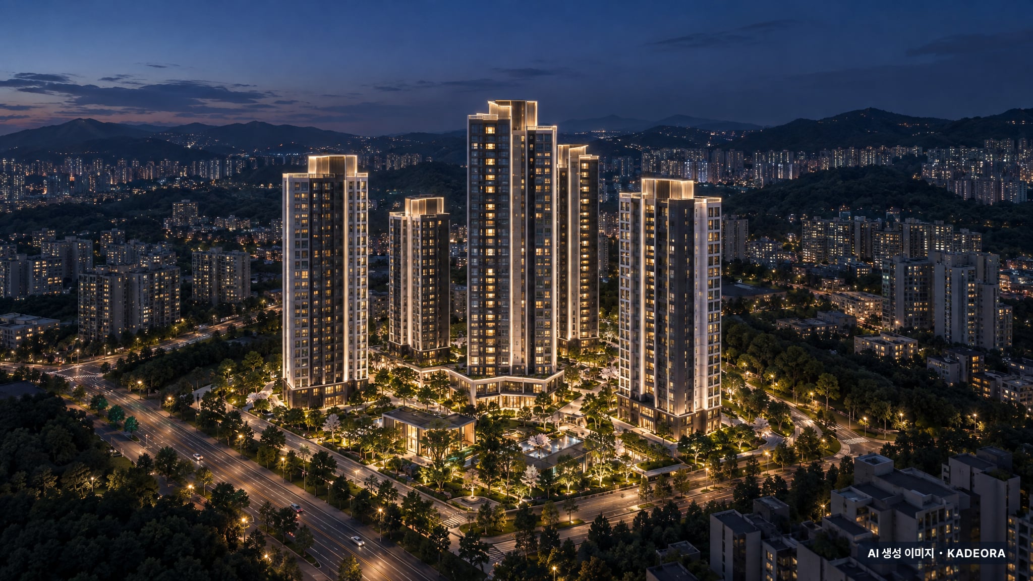 대전 유천1구역 지역주택조합 조감도 AI 상상도(야경) — 대전 중구 분양 예고 930세대