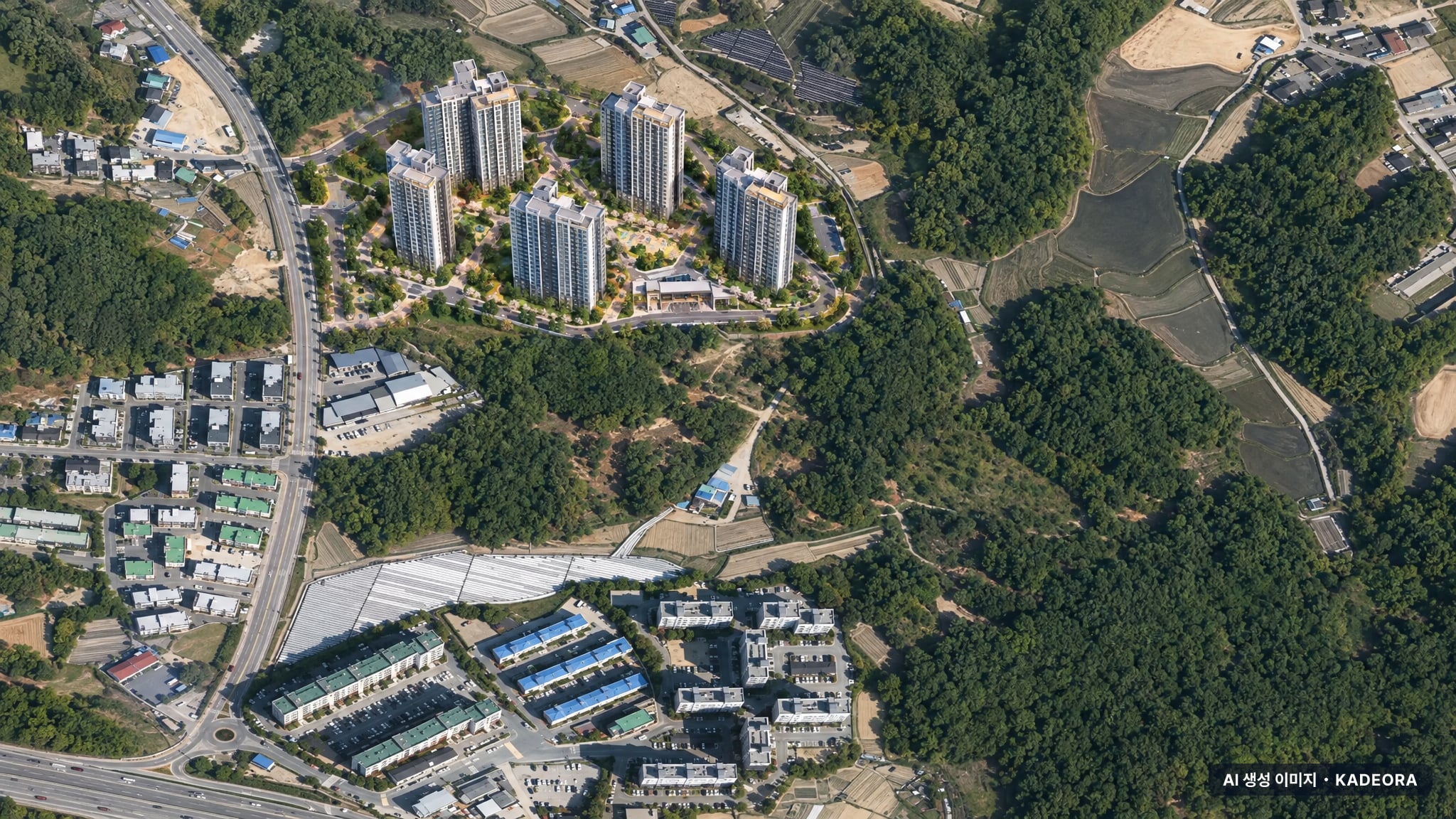더샵 여주역더퍼스트 주간 항공 상상도 · AI 생성 이미지로 실제와 다를 수 있음 더샵 여주역더퍼스트 단지 전경 AI 상상도(주간 항공) — 경기 여주시 당첨자 발표 696세대