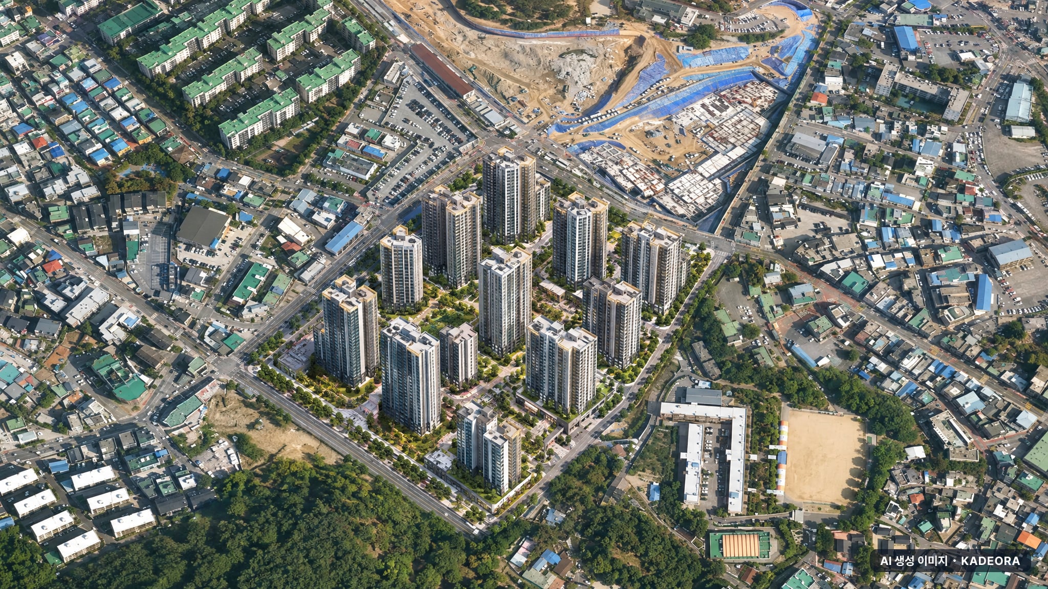 김포 북변 우미 린 파크리브 단지 전경 AI 상상도(주간 항공) — 경기 김포시 착공 831세대