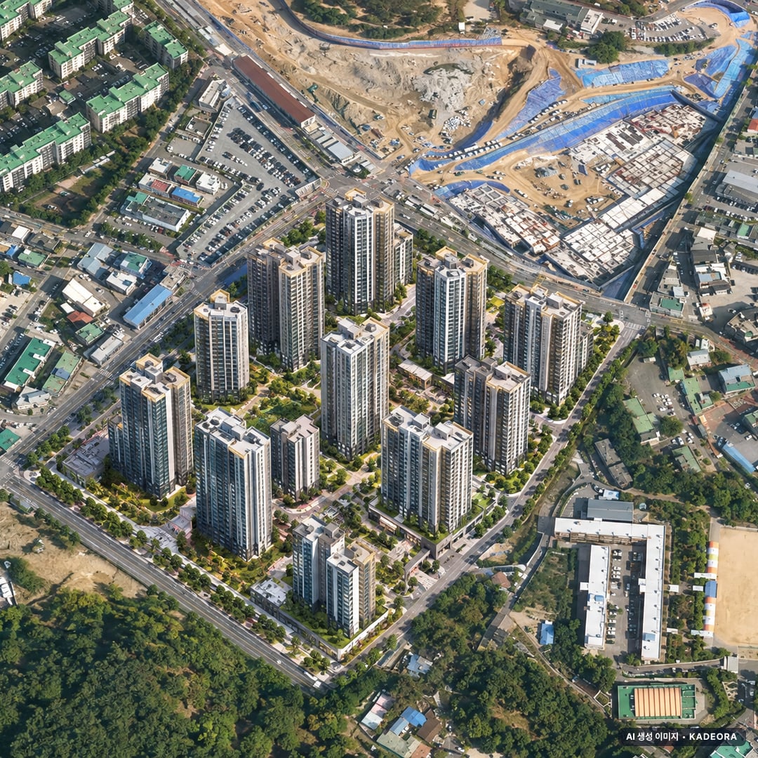 김포 북변 우미 린 파크리브 단지 전경 AI 상상도(주간 항공) — 경기 김포시 착공 831세대