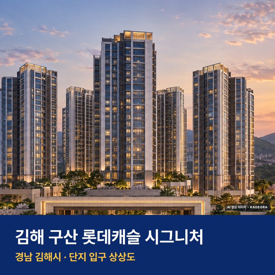 김해 구산 롯데캐슬 시그니처 재개발 김해 구산 롯데캐슬 시그니처 단지 전경 AI 상상도 — 김해시 구산동 714세대 — AI 생성 상상도 · 실제와 다를 수 있음