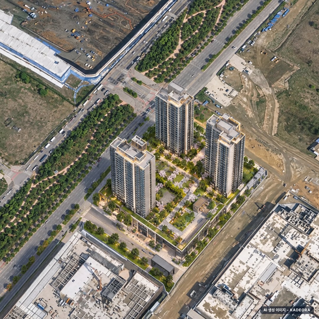 송도자이풍경채 그라노블 3단지 단지 전경 AI 상상도(주간 항공) — 인천 연수구 착공 597세대