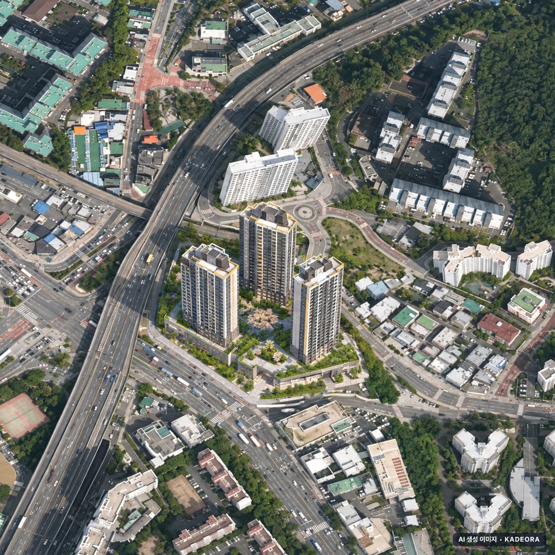 베뉴브 해운대 단지 전경 AI 상상도(주간 항공) — 부산 해운대구 착공 629세대