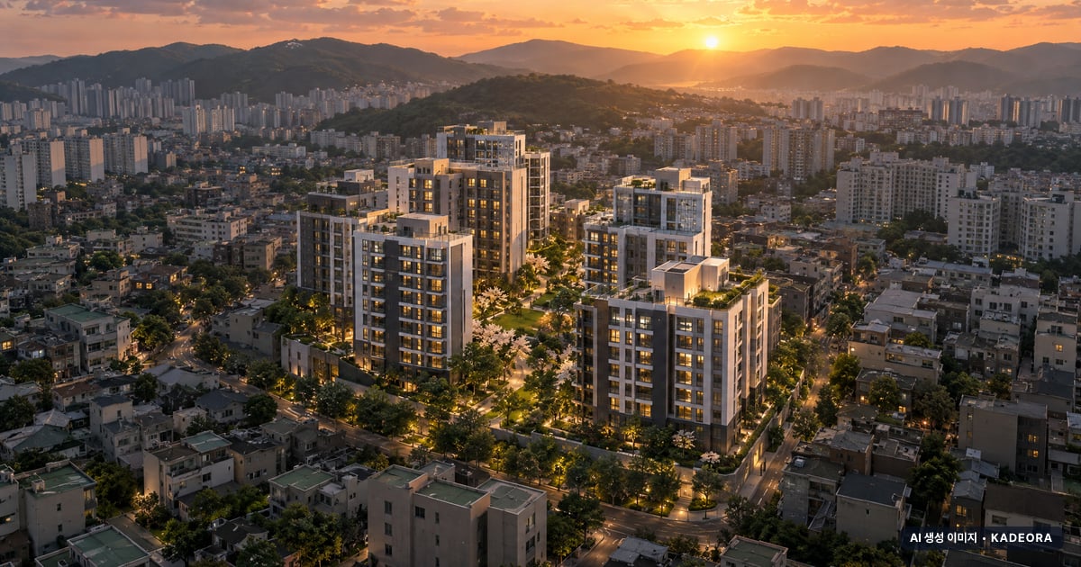 부산 연제구 연산동 태광맨션 가로주택정비 노을 항공 상상도 · AI 생성 이미지로 실제와 다를 수 있음 부산 연제구 연산동 태광맨션 가로주택정비 단지 전경 AI 상상도(노을 항공) — 연제구