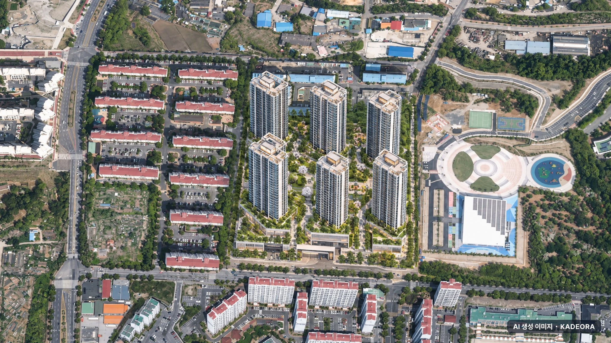 양산자이 파크팰리체 단지 전경 AI 상상도(주간 항공) — 경남 양산시 착공 842세대