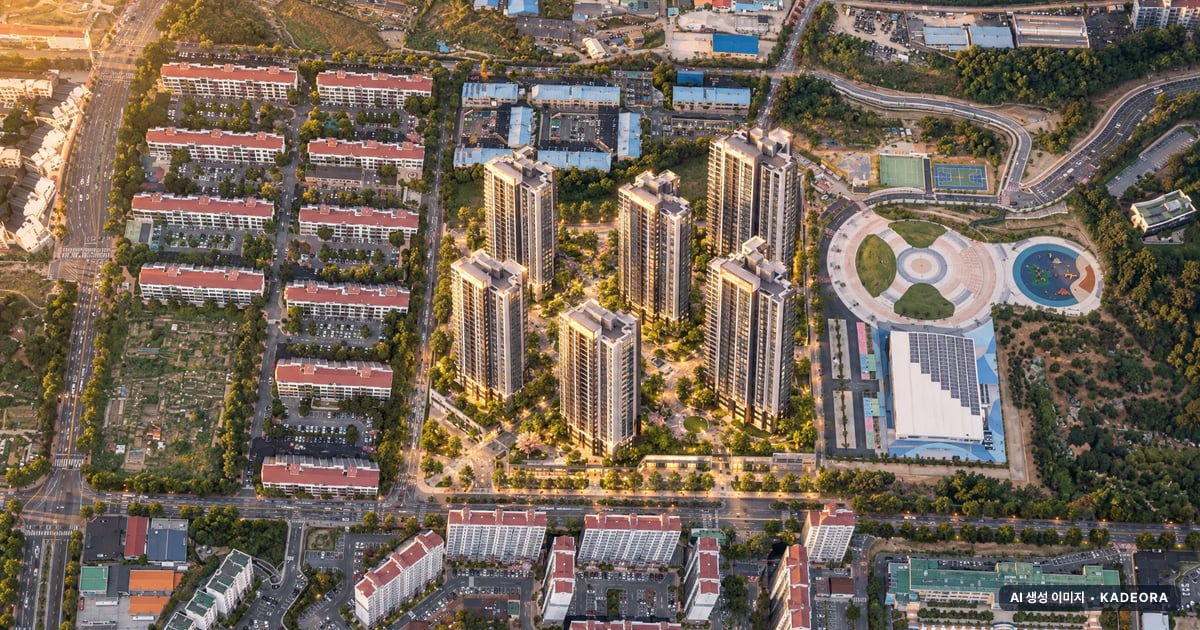 양산자이 파크팰리체 노을 항공 상상도 · AI 생성 이미지로 실제와 다를 수 있음 양산자이 파크팰리체 단지 전경 AI 상상도(노을 항공) — 경남 양산시 착공 842세대